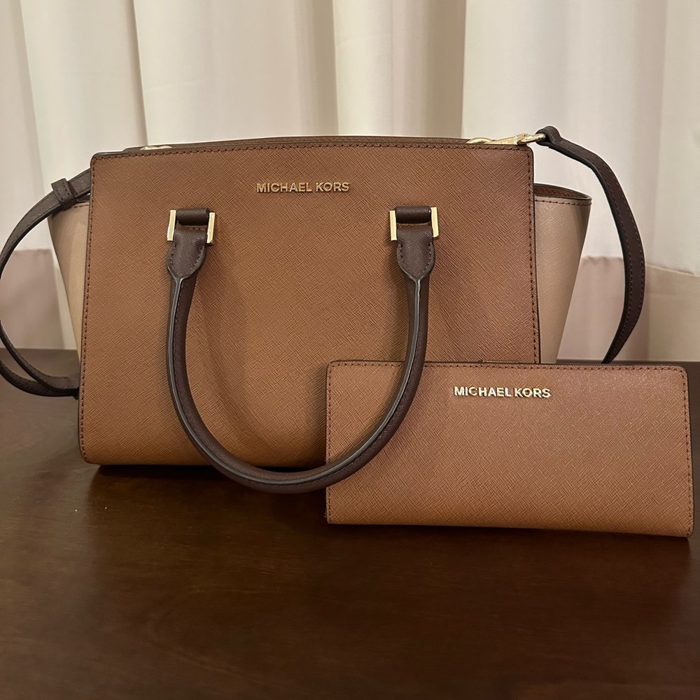 Michael Kors Saffiano Leather Satchel and Matching Long Wallet